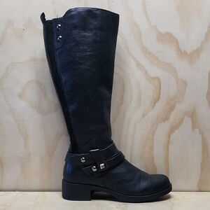 Earth Sequoia Black Tall Leather Boots Women 6 B Riding Moto Biker